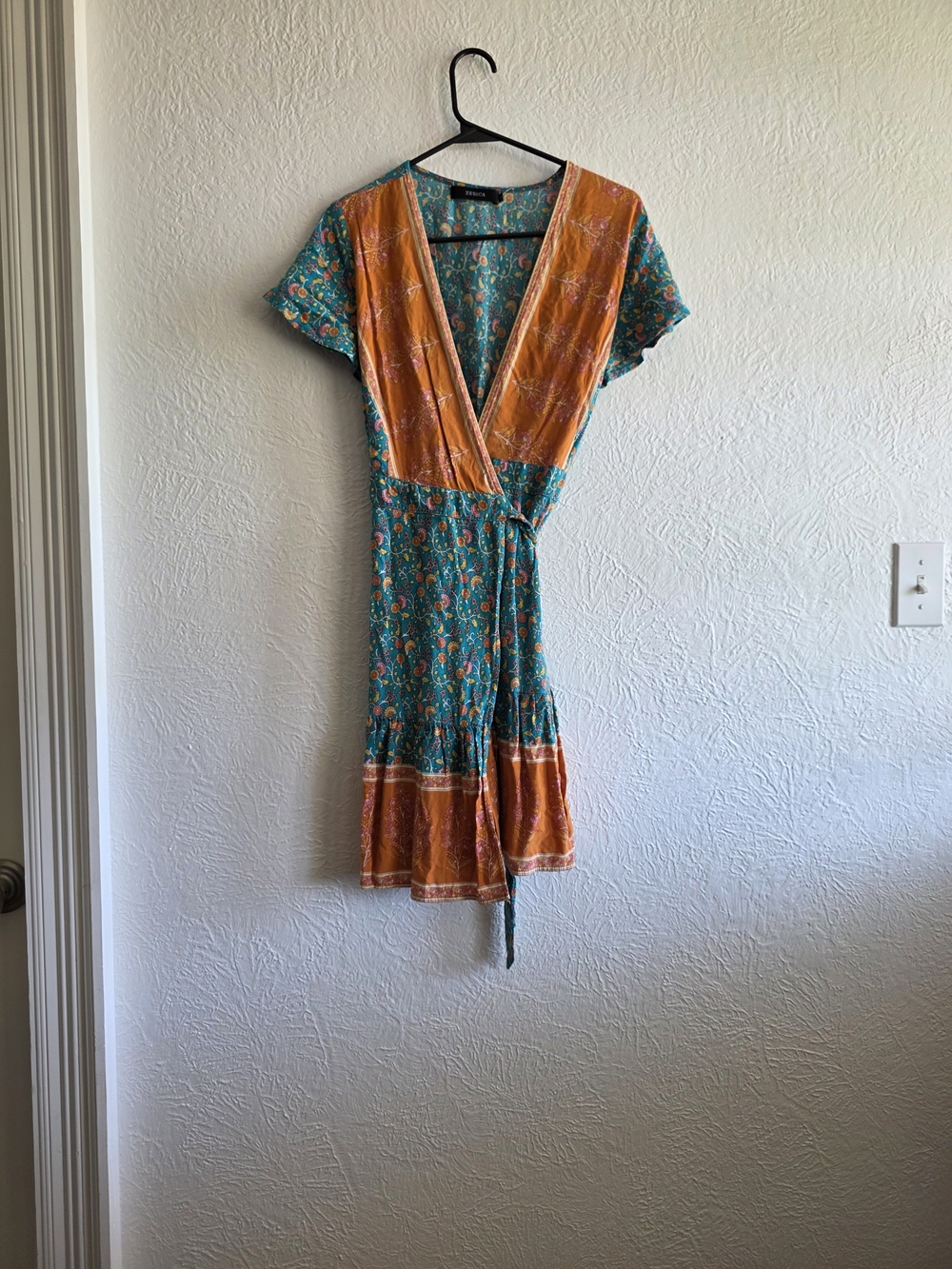 Teal and Orange Floral Wrap Mini Dress